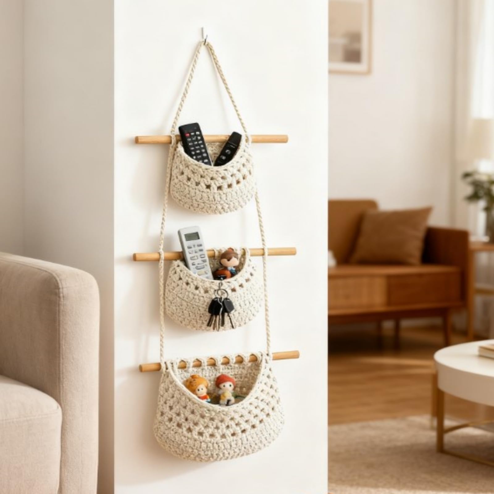 90cm Hängender Organizer Wand, Hängeorganizer Makramee Hängekorb Geflochten, Hängetasche aus Baumwollseil für Badezimmer, Schlafzimmer, Wohnzimmer Boho Deko
