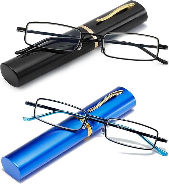 Blue Light Blocking Reading Glasses - Slim Pocket Readers with Pen Clip Case Mini Lightweight Readers
