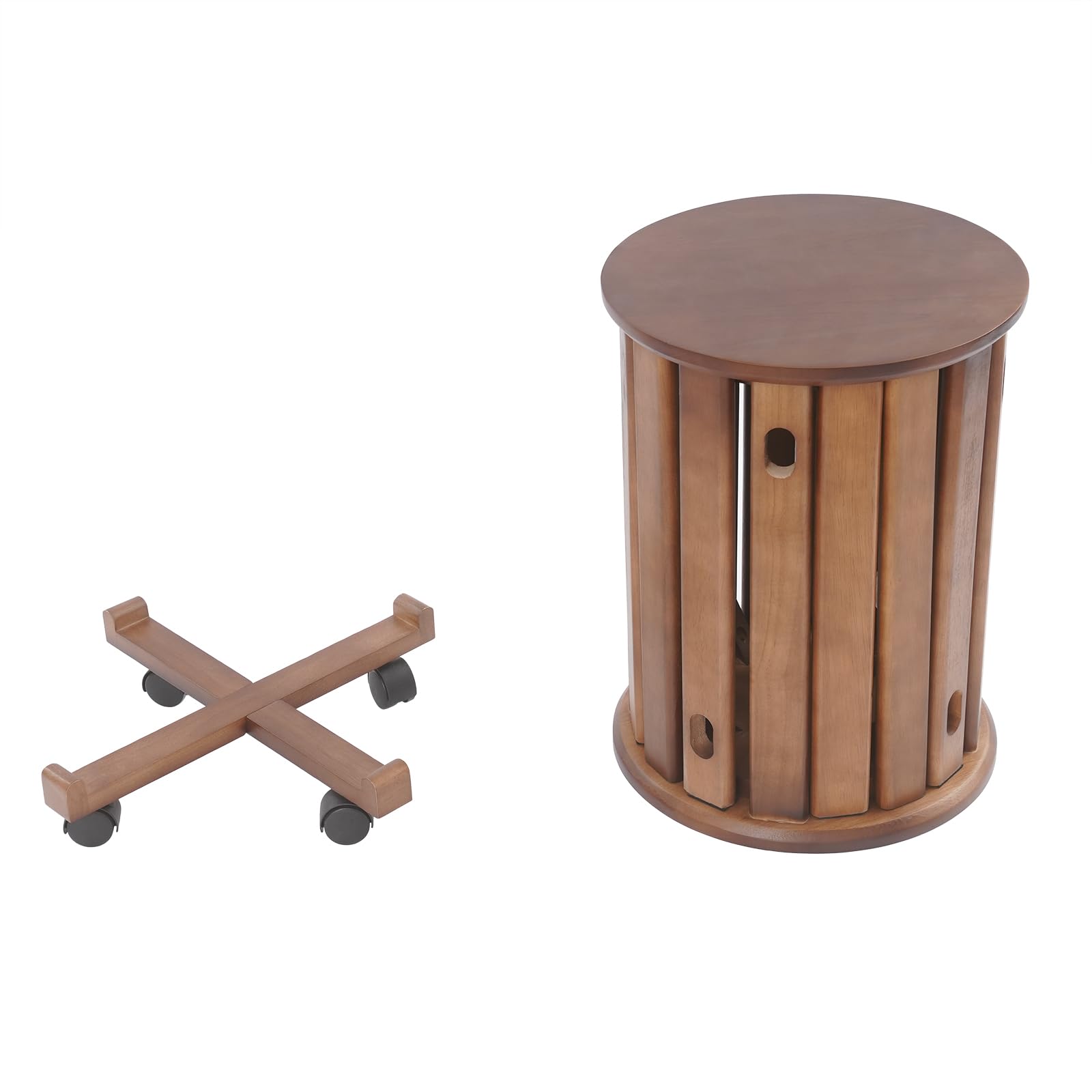 Set di 4 sgabelli impilabili in legno con ruote, per sala da pranzo, comodino rotondo, sgabello da balcone, per cucina, camera da letto, soggiorno (colore noce)