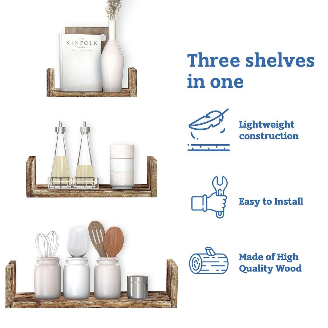 Halter Solid Wood Shelves, Floating Wood Shelves for Bathroom, Bedroom, Living Room, and Kitchen, Wooden Office Shelves, Rustic Floating Shelves Wall Storage, Floating Wall Shelf, Natural, Set of 3