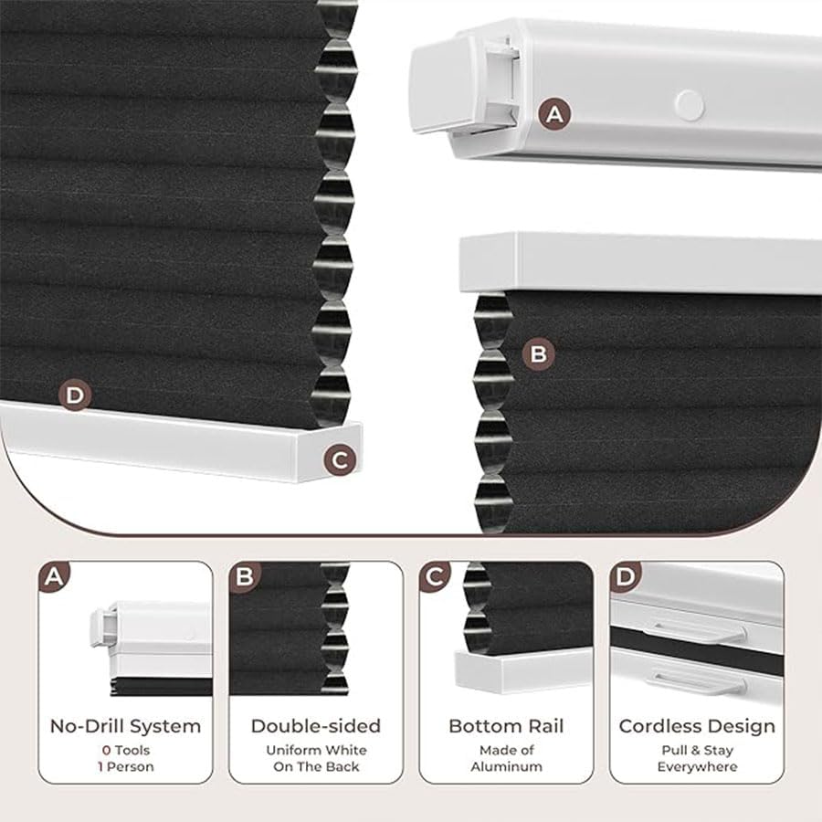 A Fully-encompassing, Cordless, top-Down/Bottom-up Cellular Shade Curtain, Suitable for Indoor Blinds.Window Blinds Blackout
