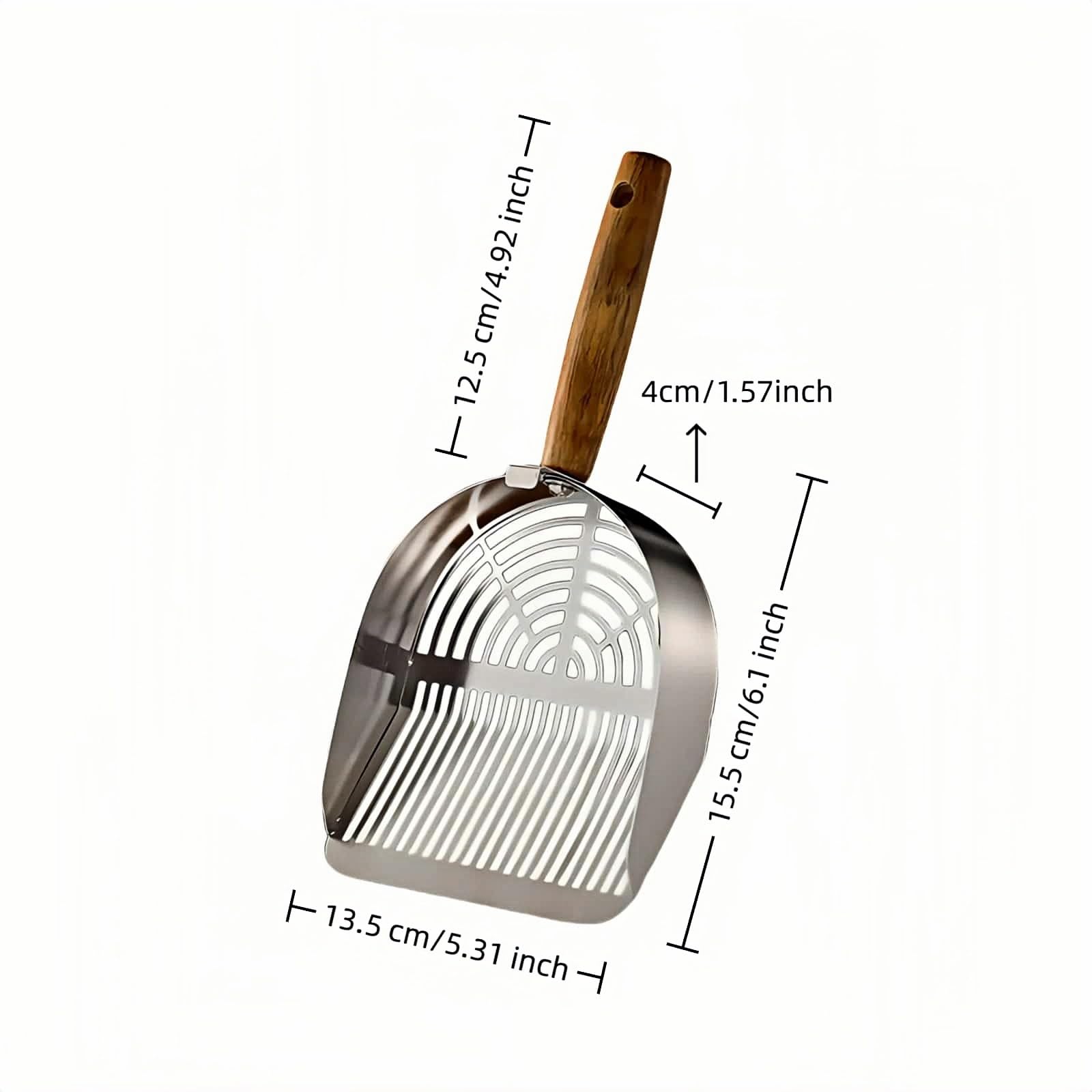 Premium Stainless Steel Cat Litter Scoop-Triple Guard Walls&Non-Stick Design,Silver,Flat Shovel Head Design Solid Deep Edge Wood Handle,Dual Hooks 1Pack,6.1x5.3inch (Silver long strip) (Silver) - image 3