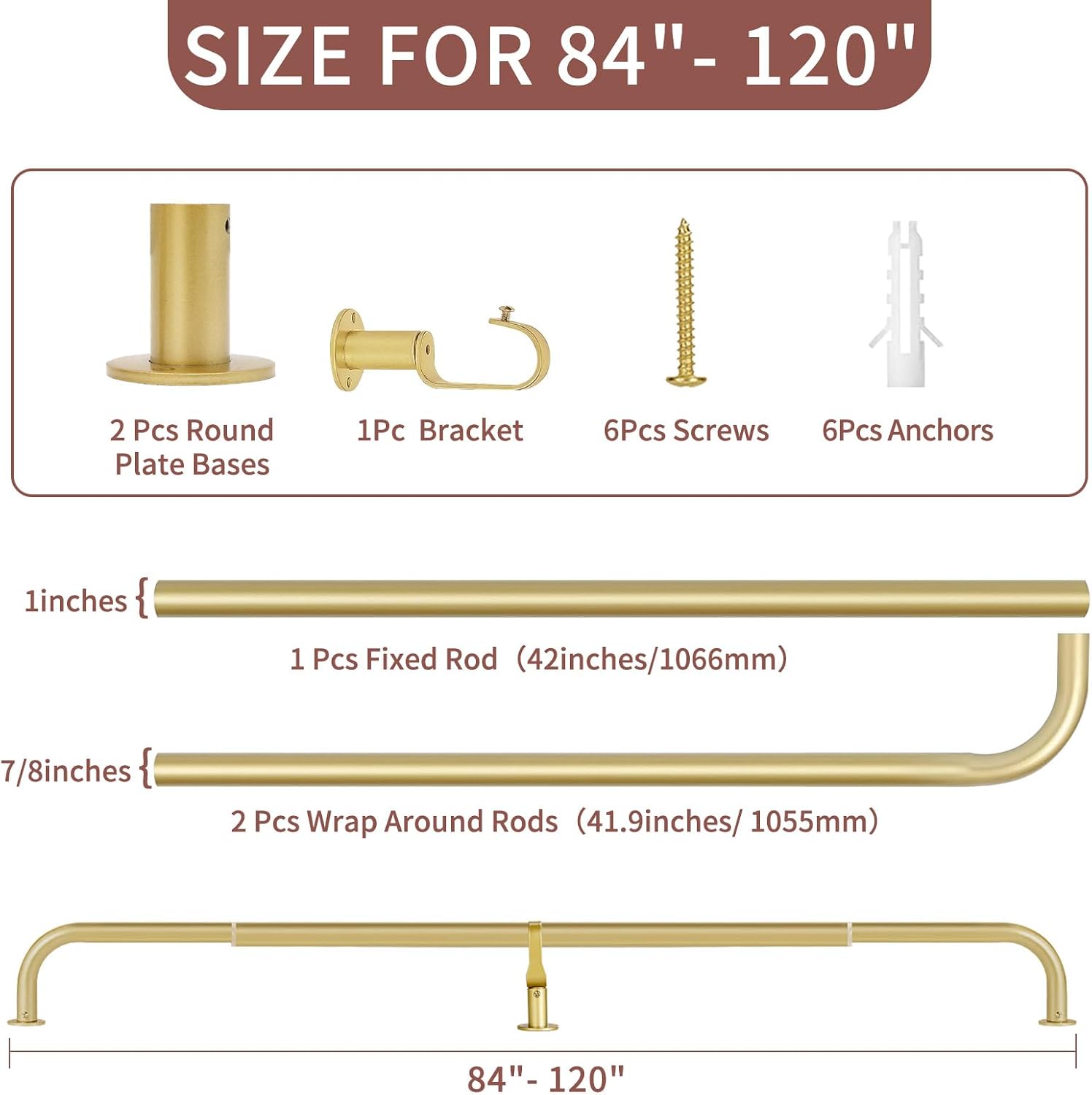 Meriville 1-Inch Diameter Wrap Around Blackout Curtain Rod, 84-Inch to 120-Inch, Royal Gold Finish with Round Base