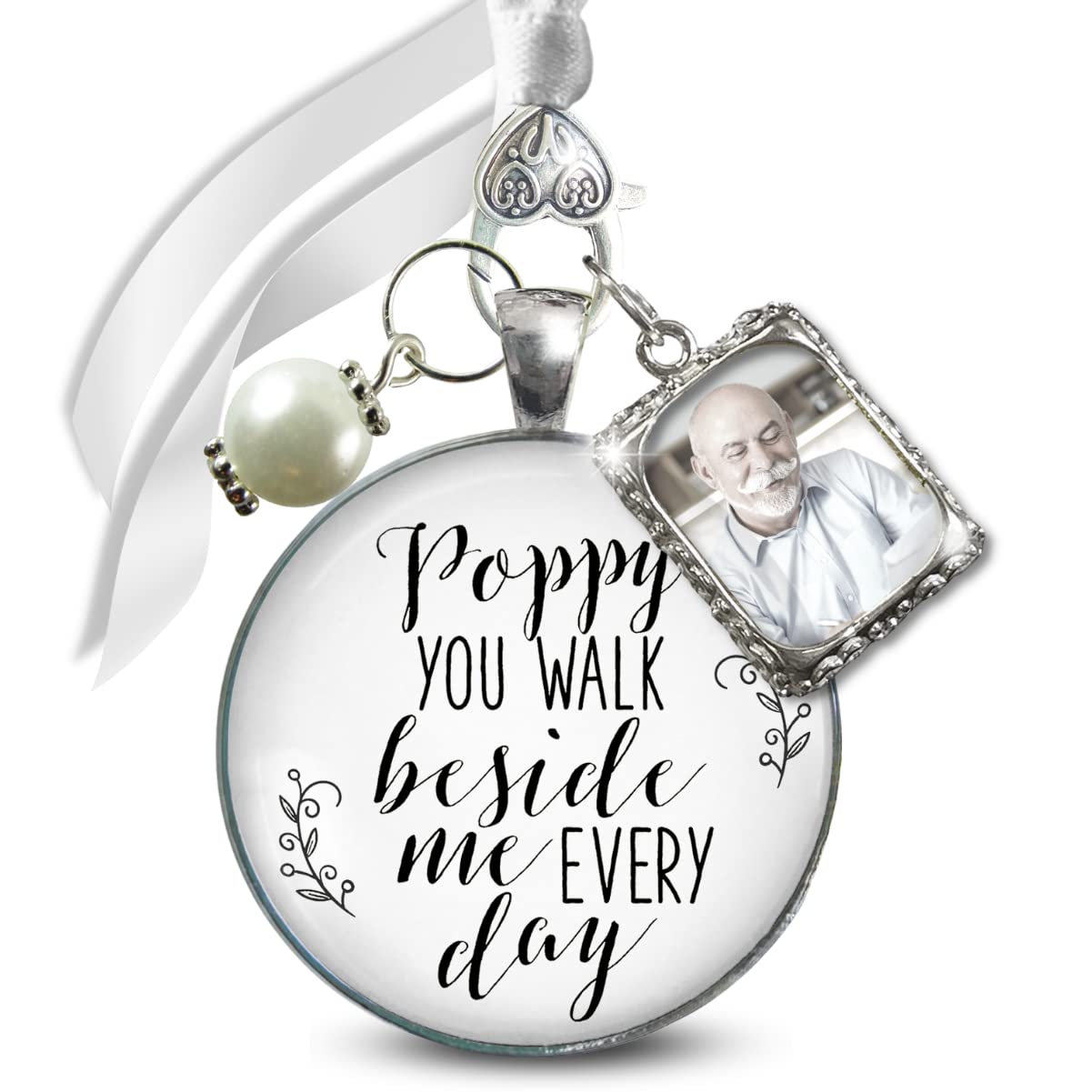 Bouquet Photo Charms for Wedding Memory Poppy You Walk Beside Me Every Day 1 Frame Silvertone White Glass Pendant Jewelry White Bead Honor Grandpa Loving Bridal Keepsake DIY Picture