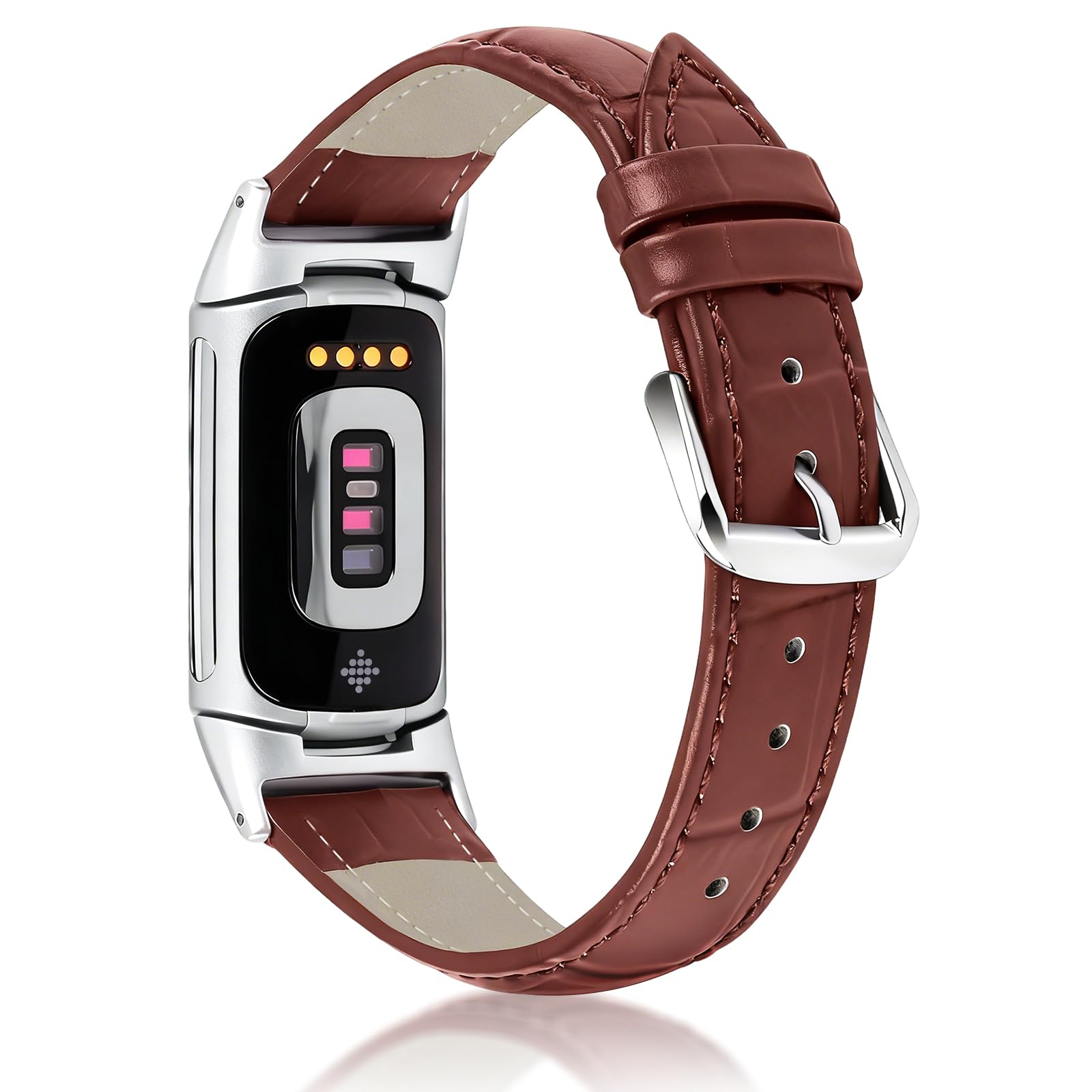 Mornex Classic Leather Watch Band for Women Men Compatible with Fitbit Charge 5/6 - Premium Metal Connectors, Adjustable Wristband Fitness Trackers