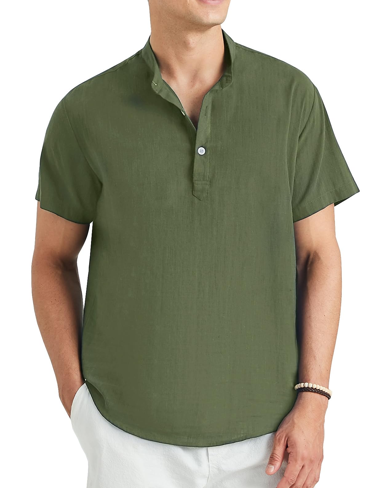 Enlision Camisa Lino Hombre Manga Corta Verano Camisas Casual para Hombres Cuello Mao Ibicenca Camiseta con Botones Algodón Color Sólido Ropa S-4XL