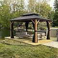 PURPLE LEAF 8' X 10' Hardtop Gazebo Outdoor Wood Grain Aluminum Frame Galvanized Steel Double Roof Gazebos with Netting and Curtains for Patio Deck Backyard Garden