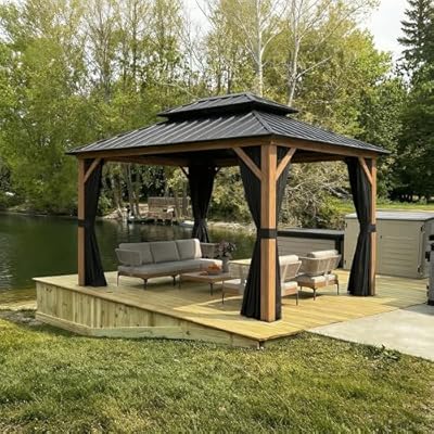 PURPLE LEAF 8' X 10' Hardtop Gazebo Outdoor Wood Grain Aluminum Frame Galvanized Steel Double Roof Gazebos with Netting and Curtains for Patio Deck Backyard Garden