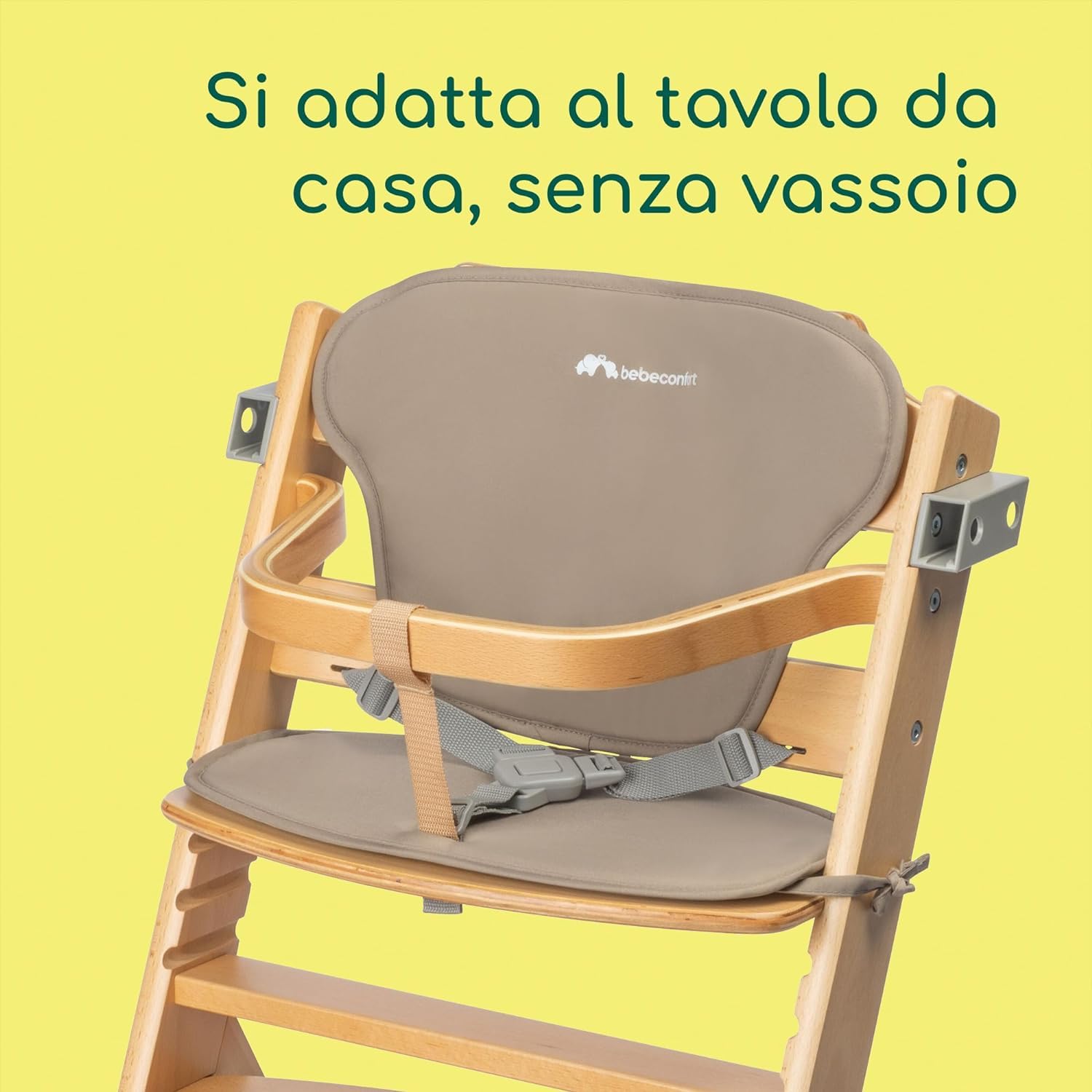 Bebeconfort Timba + Cuscino, Seggiolone Pappa in Legno, 6 mesi-99 anni, 110 kg, con Vassoio, Seduta/Poggiapiedi Regolabili, Compatibile con Sdraietta Timba Baby, Legno Naturale + Beige