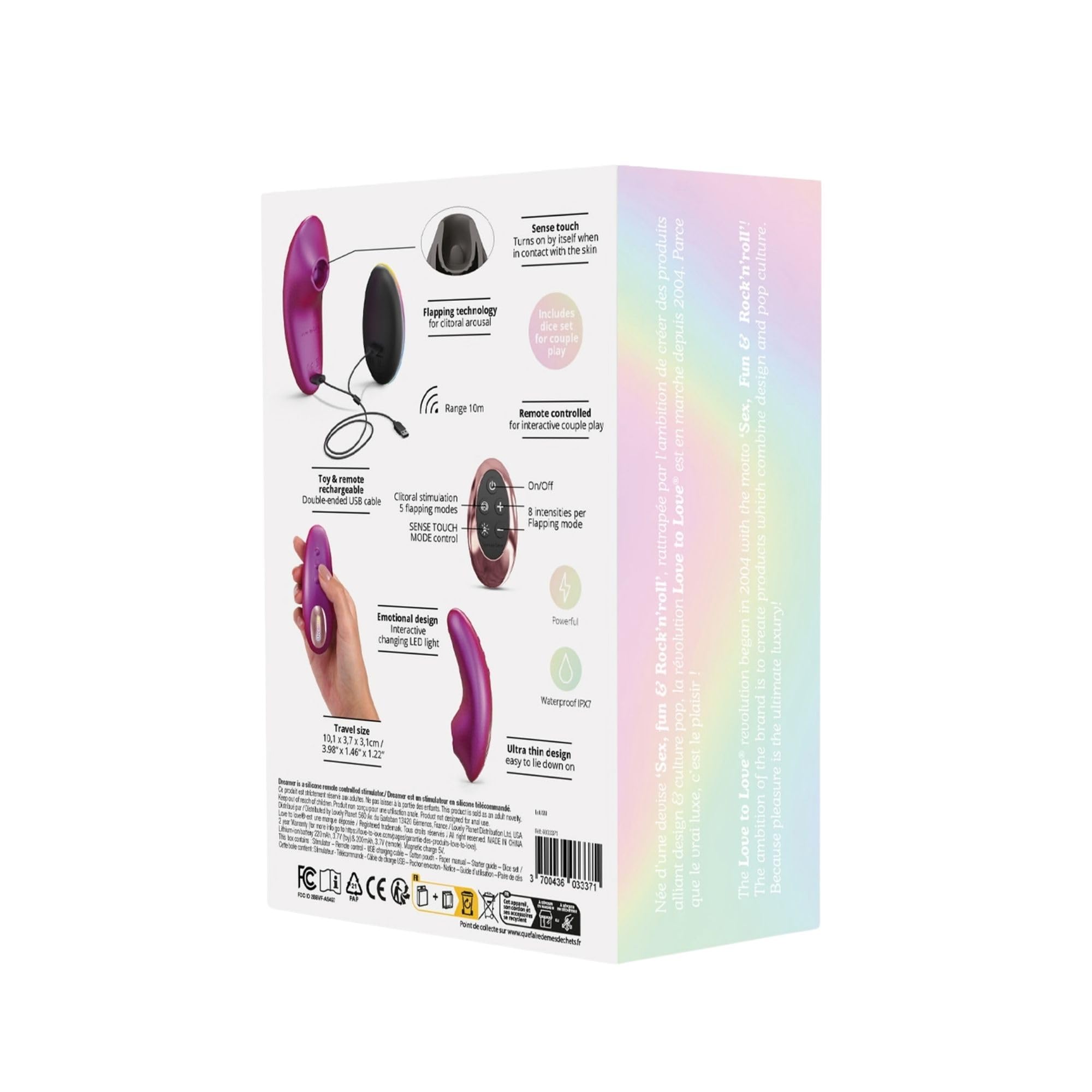Love to Love Dreamer stimolatore clitorideo – ultra sottile con Flapping Design, modalità Sense Touch, telecomandato, LED, ricaricabile, impermeabile IPX7