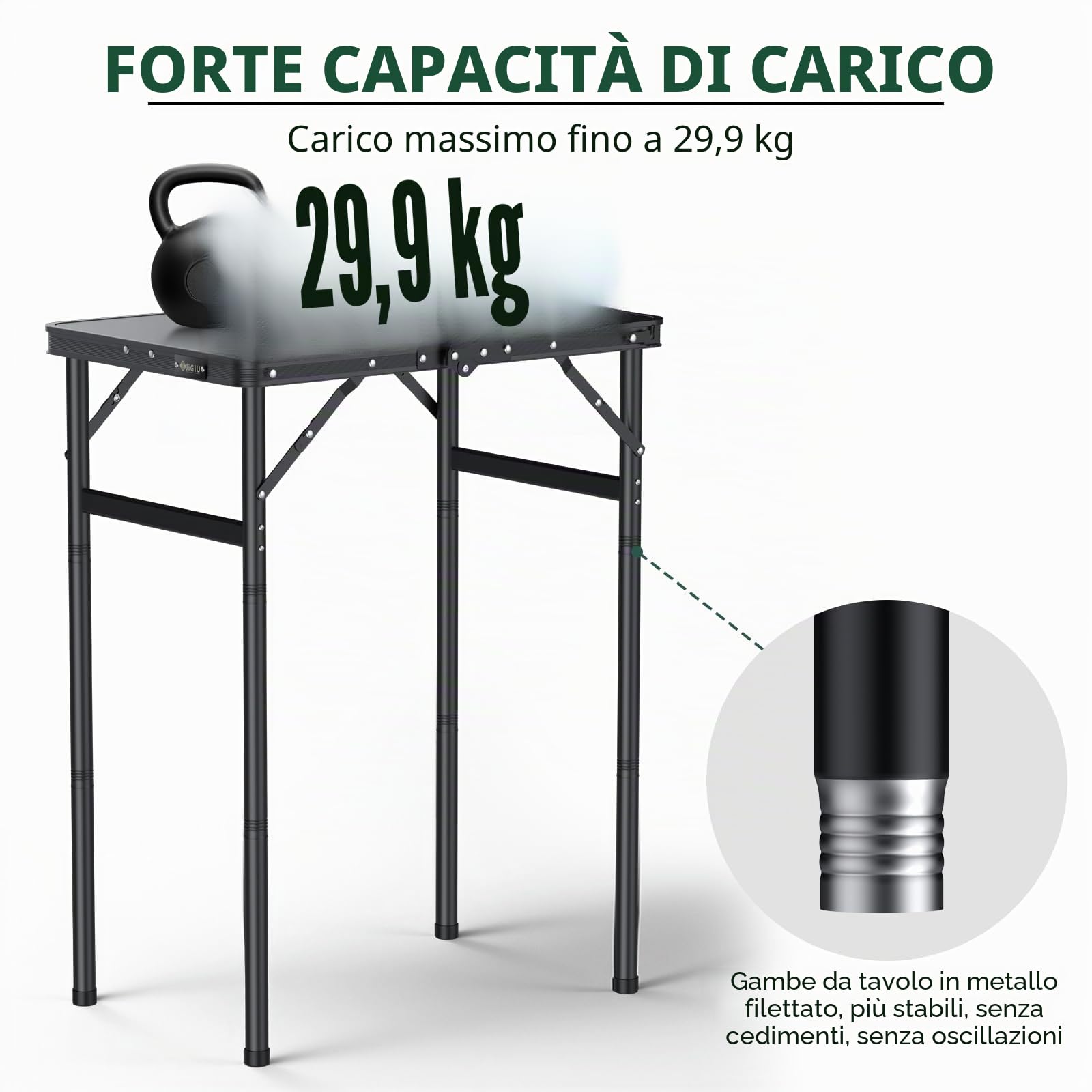 JiGiU Tavolo da Picnic Pieghevole per Esterno in MDF Nero con Gambe Filettate in Metallo, 3 Altezze Regolabili (27.3/51/74.7 cm), Portatile - per Campeggio, Giardino, Spiaggia