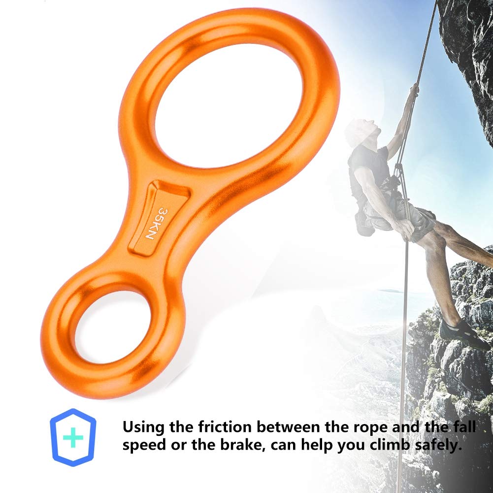 MAGT Anneau d'escalade 8, descendeur de Corde Haute résistance 35KN en Alliage d'aluminium Figure 8 descendeur de Corde Anneau de Descente d'escalade Durable pour l'escalade(Orange)