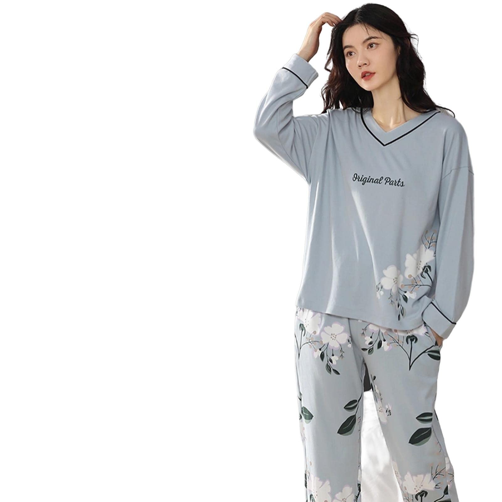 MOGSA Pijama para mujer, primavera, otoño, de algodón, elegante, floral, conjunto de ropa de dormir, pantalones a cuadros, para mujer, hogar, W10, M asiático (40-50 kg)