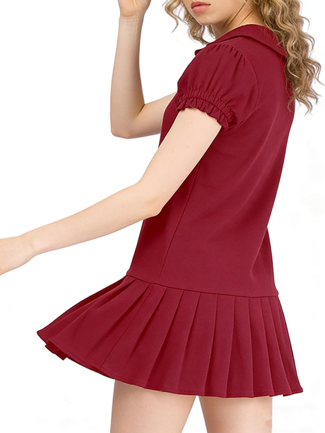 HOULENGS Women's Summer Short Puff Sleeve Pleated Mini Dress Casual Polo Collar Button Down A-line Flowy Short Dress