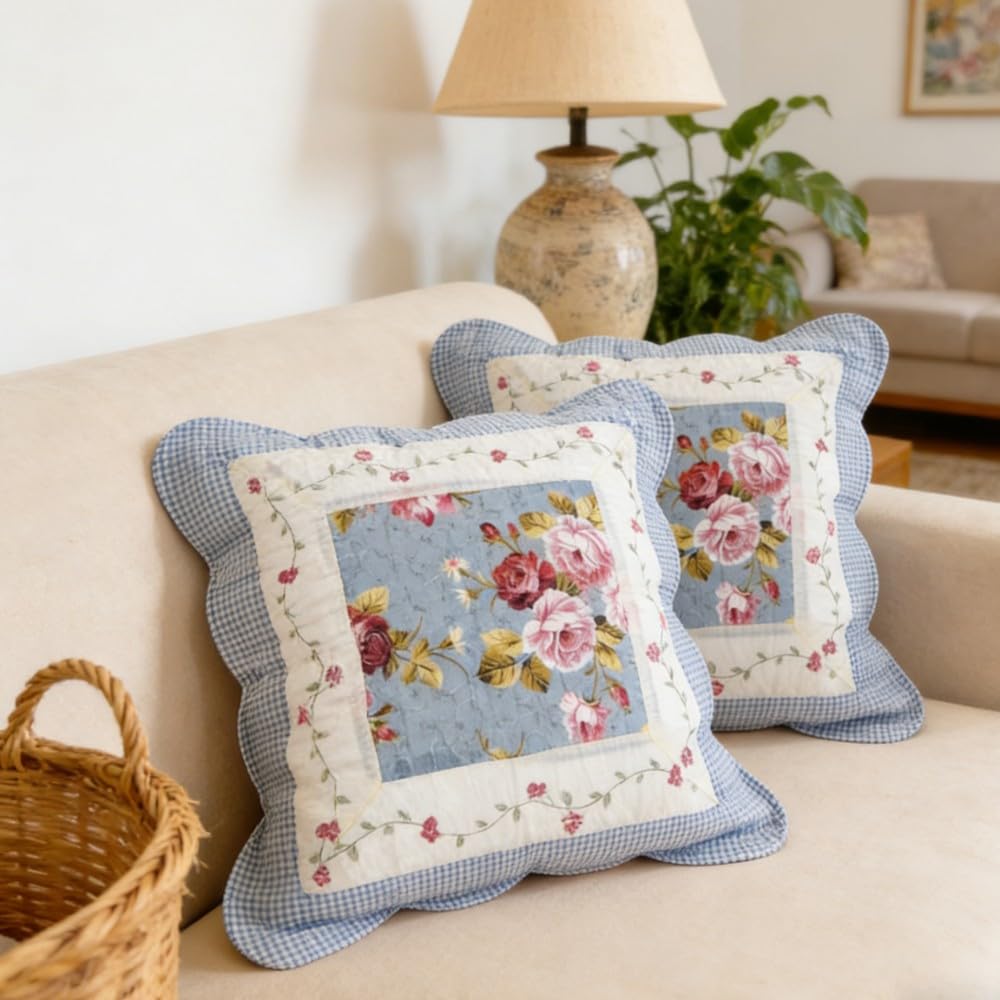 QIFONIX Vintage Patchwork Decorative Throw Pillow Cover, Floral Quilted Design with Pink Gingham Pattern, Scalloped Edge (Blue,18" x 18" (Pack of 2))