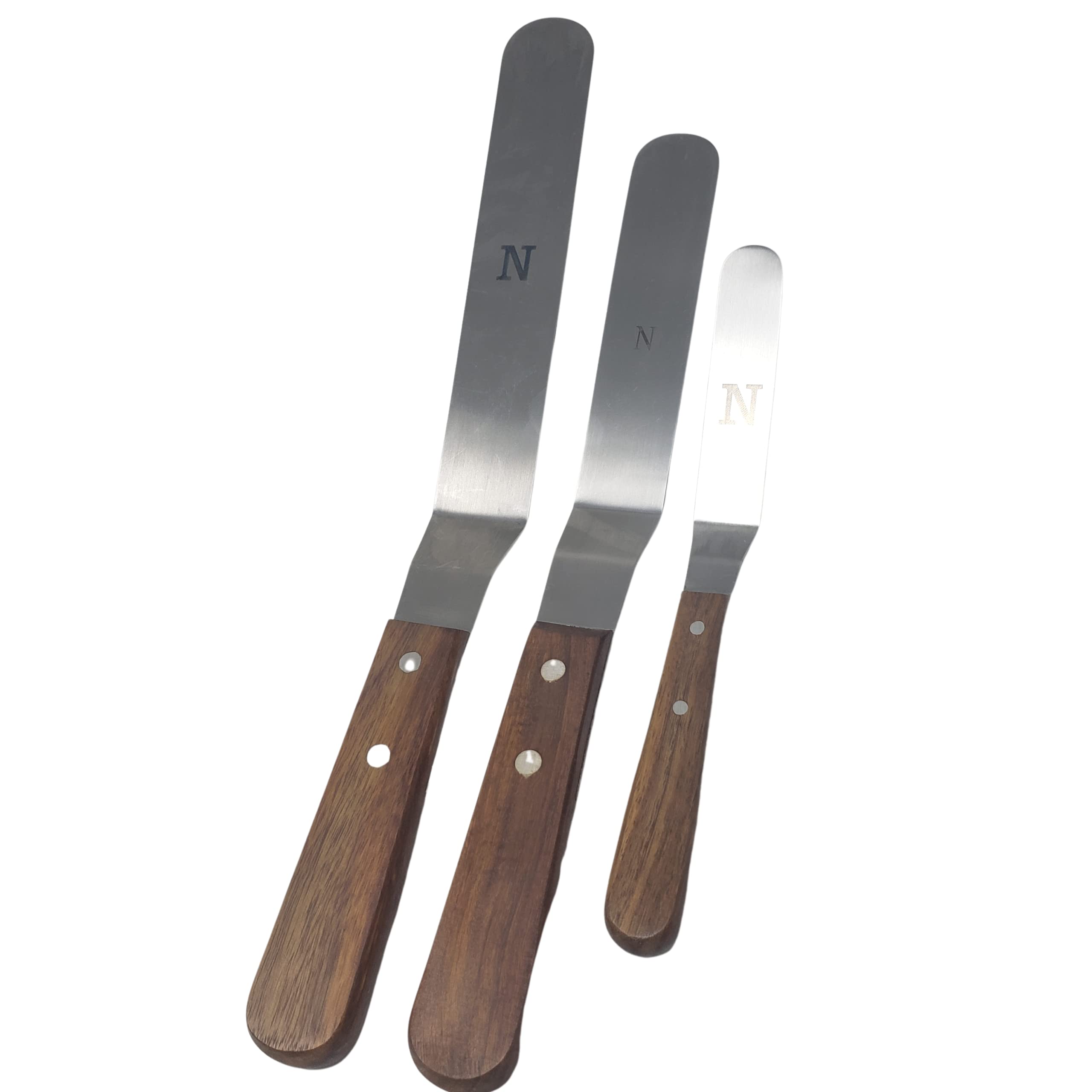 Offset-Edelstahl-Spatel-Set mit Holzgriff – professionelle Kuchendekorationswerkzeuge – 10,2 cm, 16,5 cm & 20,3 cm Edelstahl versetzte Klinge Kuchenspatel Set