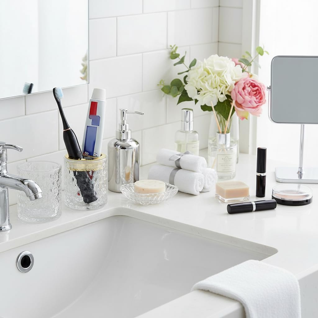 2 soportes para cepillos de dientes para baños, soporte de cepillo de dientes de vidrio y vaso de baño, soporte para cepillo de dientes y pasta de dientes con divisor, soporte para cepillo de