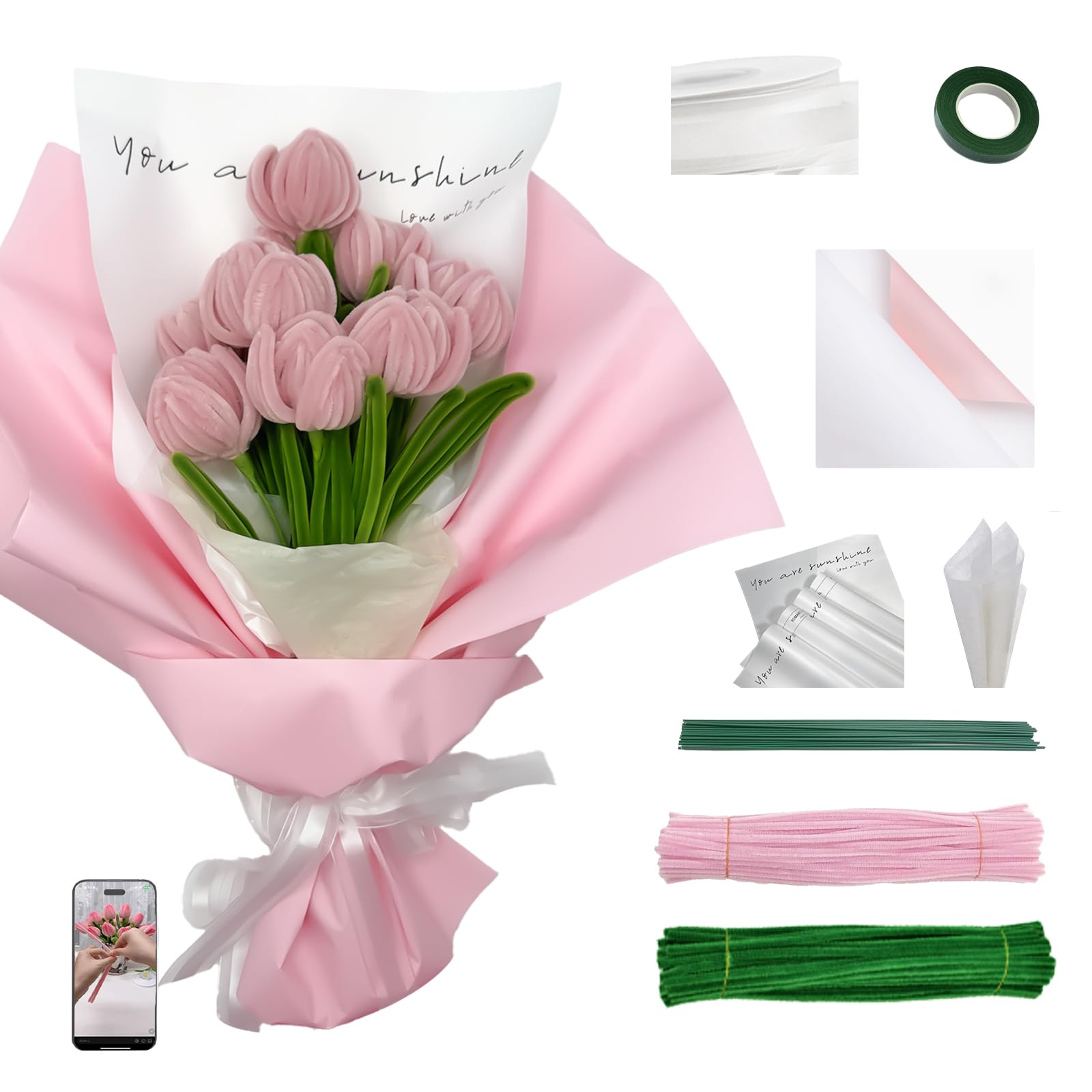 200PCS Pipe Cleaners Craft Supplies Chenille Stem Pink and Green Pipe Cleaner Tulip Kit with Tutorial DIY Flower Bouquet Craft Set for Art and Craft Projects Creative DIY Decorations (Pink Tulips)