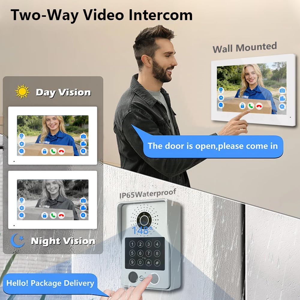TUYA 32G 4-przewodowy wideodomofon do mieszkania, 18-calowy monitor dotykowy z zestawem dzwonka do drzwi 1080p, obsługuje odciski palców, kartę RFID, hasło do domowej willi, TUYA 32G (biały (1 monitor