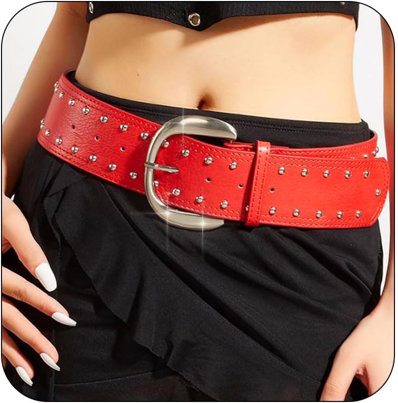 Women Black Chunky Belt Fashion Thick Belts for Dress Pants Y2K Studded Wide Belt Western Cowgirl Waist Belts