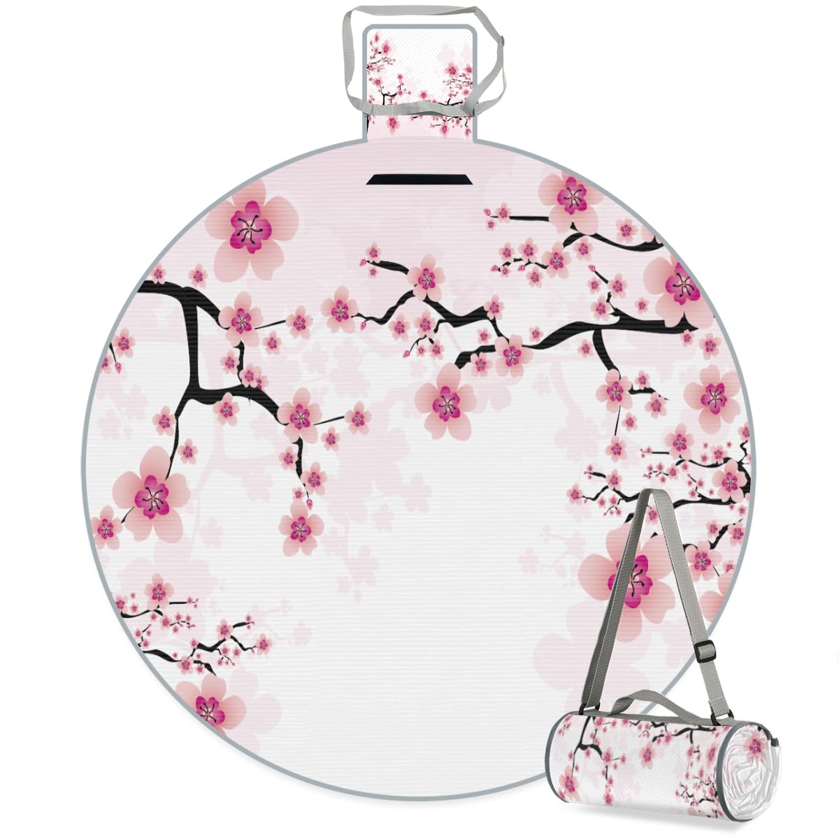 Shimoshe Flowering Cherry Blossoms Picnic Outdoor Blanket Foldable Waterproof Sandproof Beach Blanket Portable Water-Resistant Round Picnic Mat for Travel Camping Park Lawn
