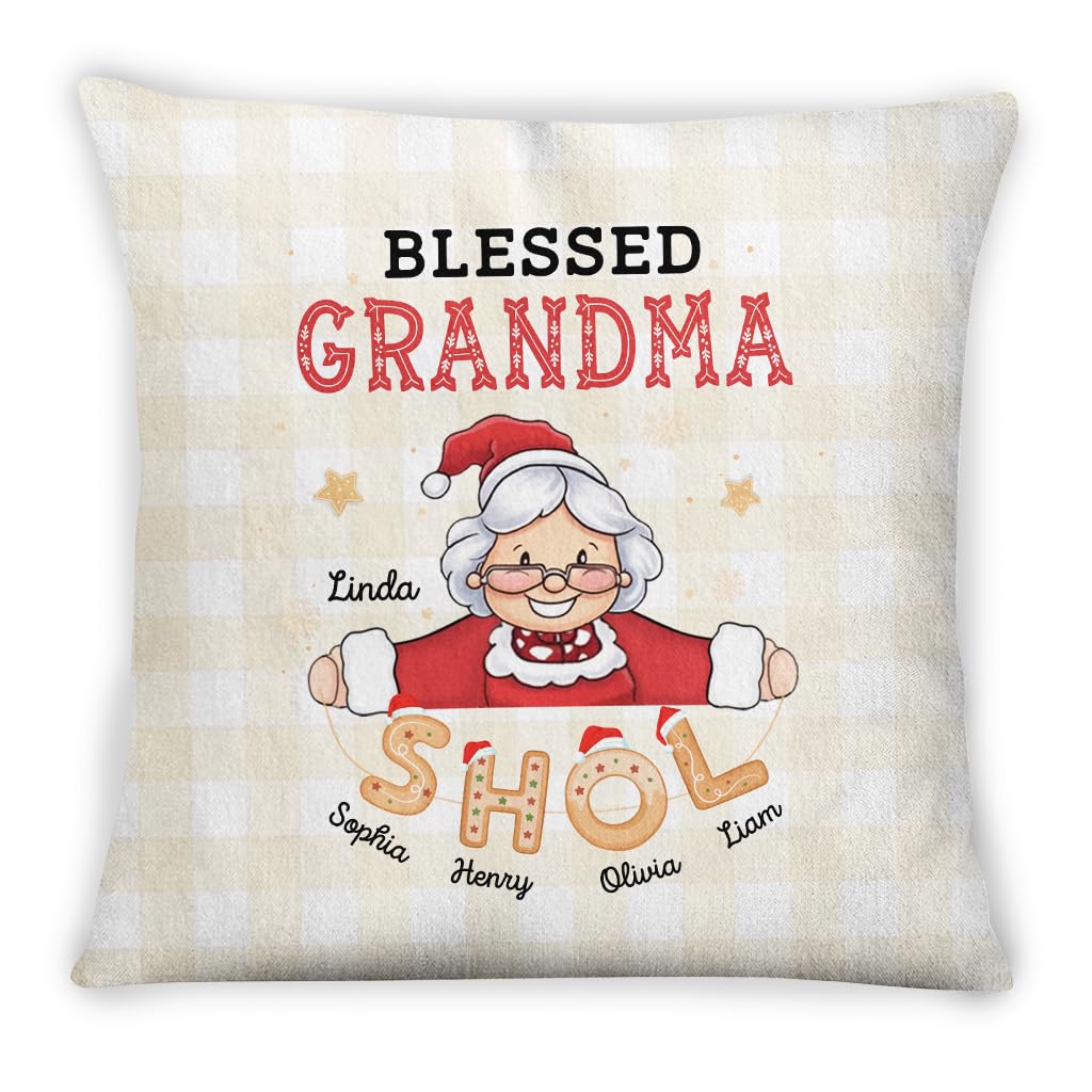 Grandma Gifts, Blessed Grandma Mrs Claus Cookies Letter Kids Name, Personalized Square Pillow, Gifts for Granny Grannie from Mom Dad Grandpa, Sofa Couch Cushion, Gifts for Christmas