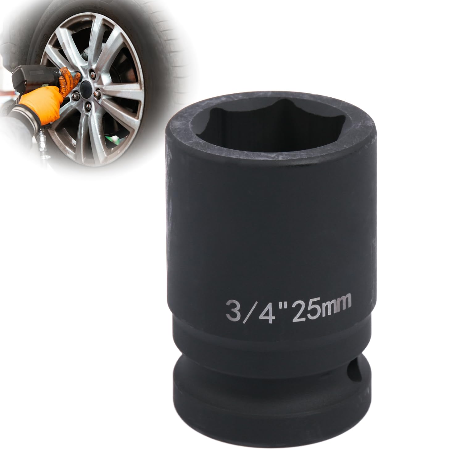 Deep 6-Point Impact Socket 3/4" Drive 25mm,Chrome Molybdenum Steel, Anti-Rust Metric Hex Socket for Car Repairs and Impact Wrench