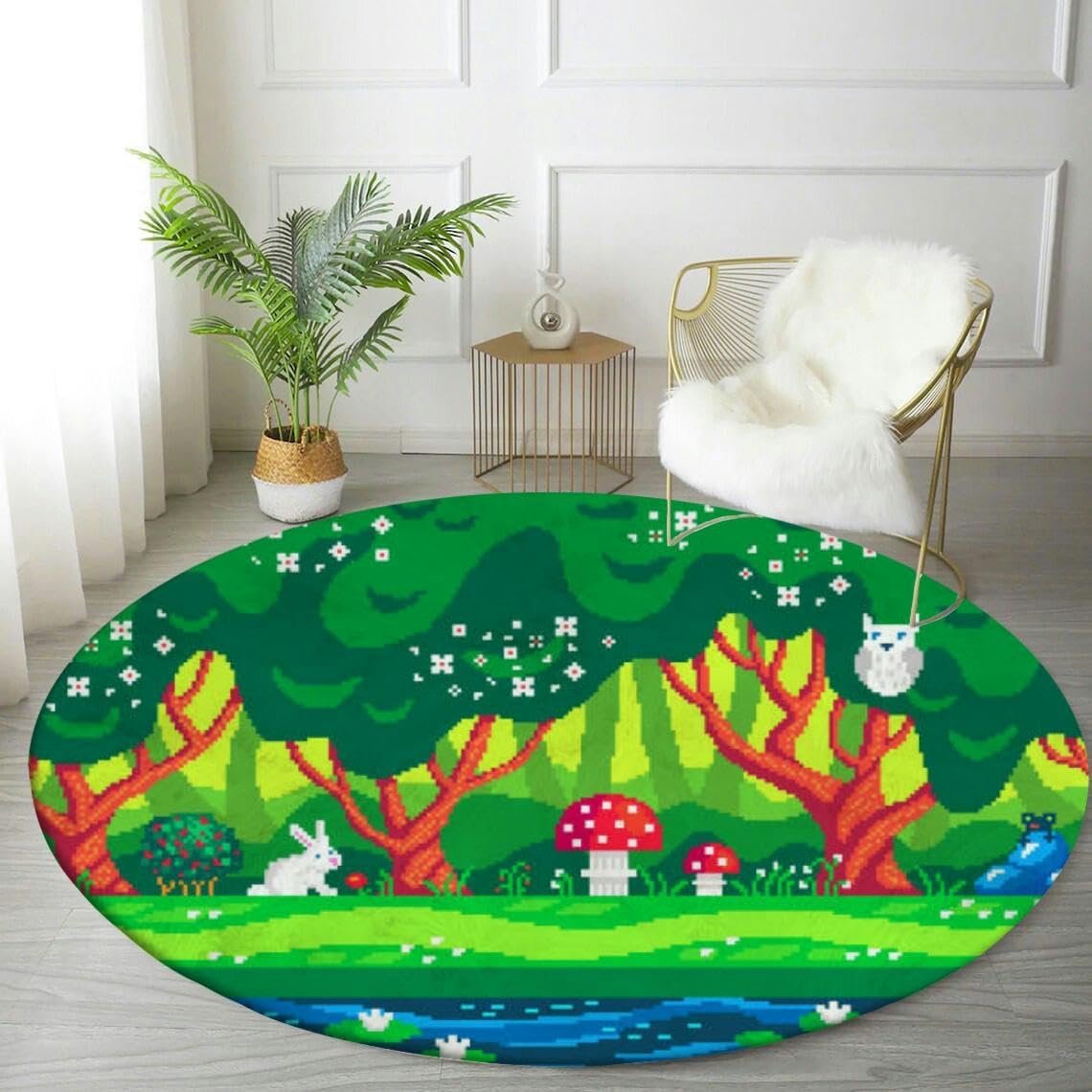 Round Rug 4ft Circle Area Rug Magic Forest Pixel Art Carpet Washable Small Round