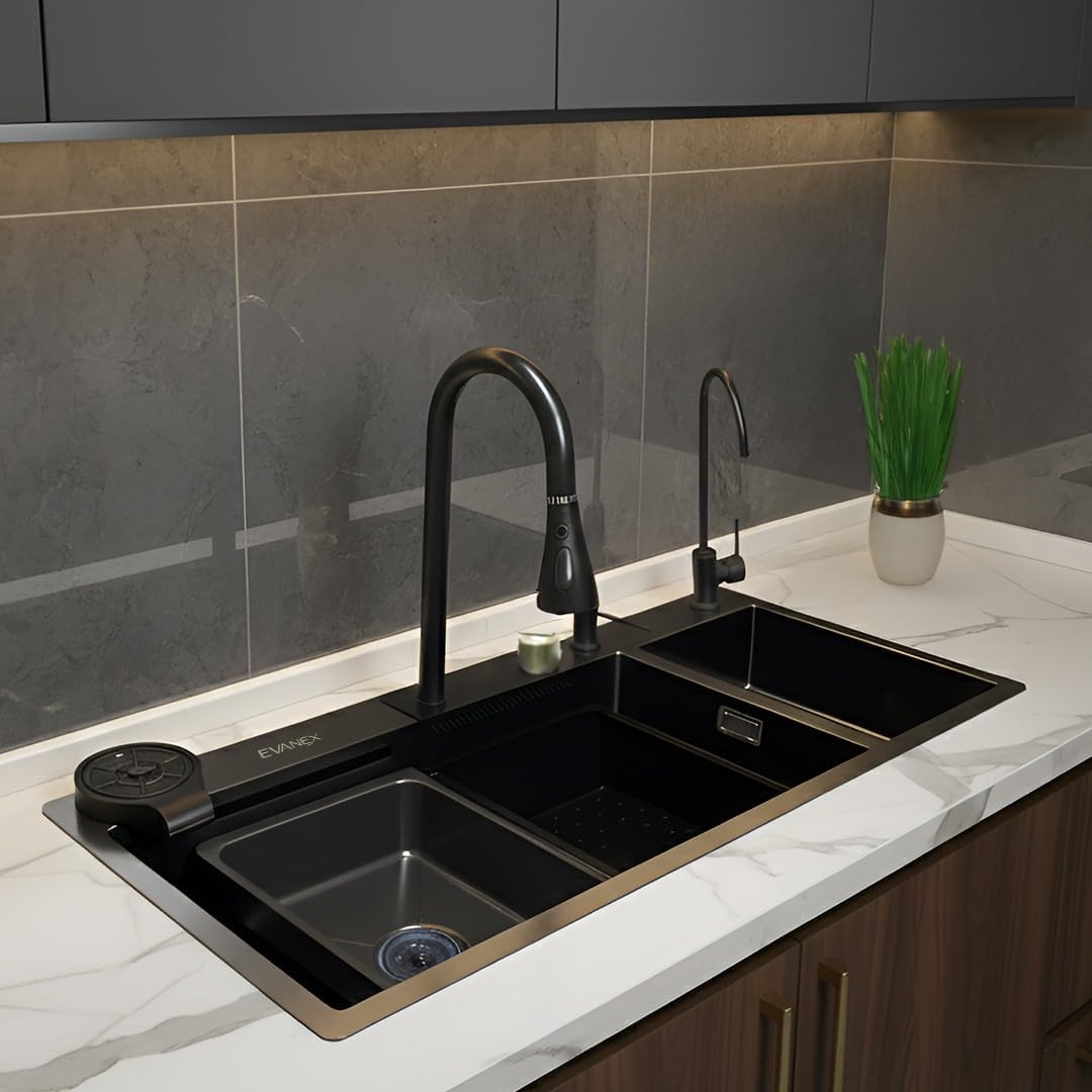 EVANEX Kitchen Sink 37x18x9 Waterfall Sink for Kitchen 304 Grade Stainless Steel Double Bowl Kitchen Sink Anti-Scratch Honeycomb Design Double Sink with Integrated Waterfall & Pull-down Faucet