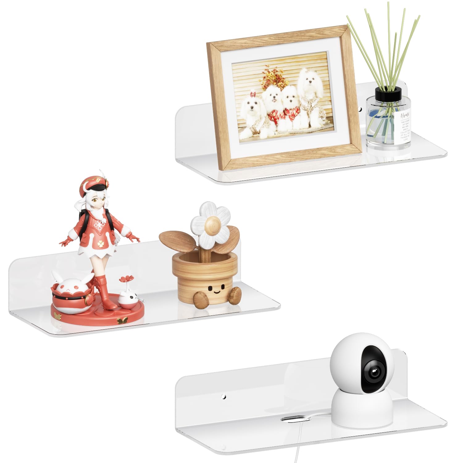 RICHER HOUSE 3 Pack Clear Acrylic Floating Wall Shelves, 9"x4" Small No Drill Shelf with Wire Hole for Monitors,Dual-Mount (Adhesive or Screws), Room Décor Display Shelves for Bedroom,Office,Kitchen