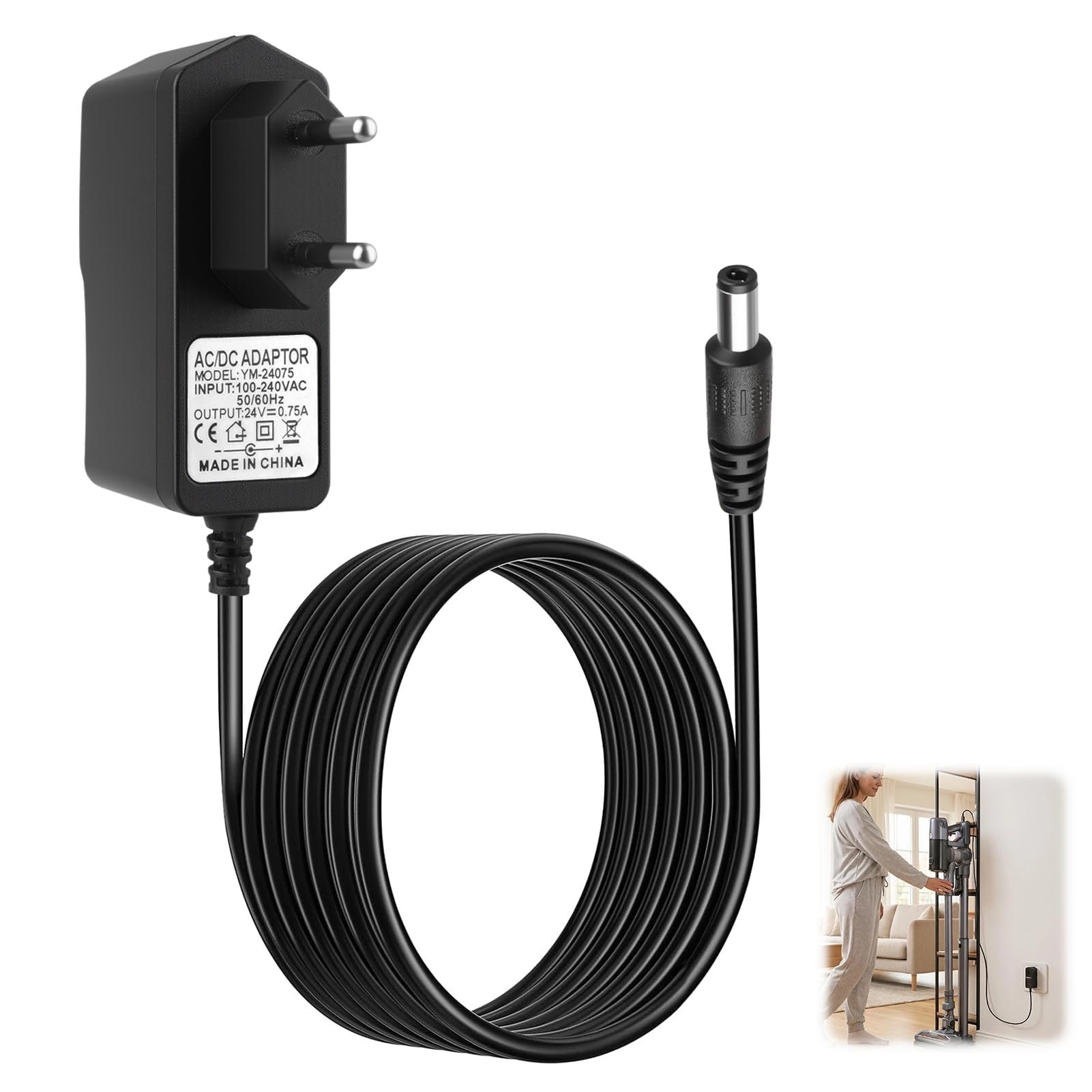 Alimentatore di rete da 24 V per aspirapolvere Rowenta X‑Pert 6.60, compatibile con RH6821, RH6837, RH6838, RH6877, RH6878, RH6879, TY6837, TY6838, TY6878, EO6838, cavo da 1,2 m