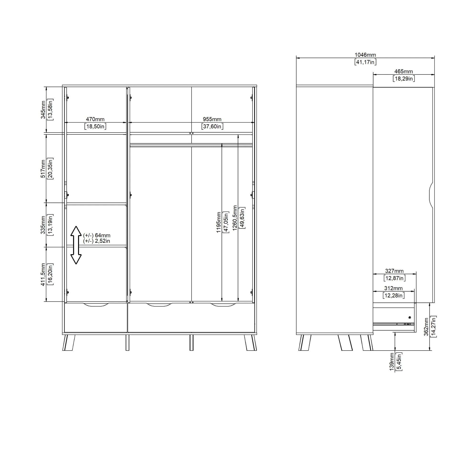 Bissolo Casa Armadio Moderno con 3 Ante, 1 Specchio, 2 Cassetti, 147,2x58,1x201 cm, Hickory Jackson e Bianco Opaco