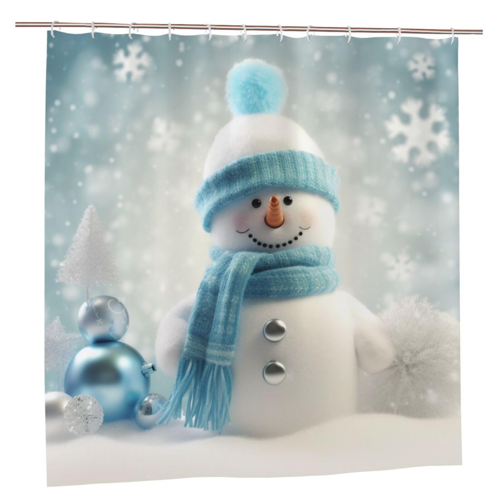 BWWHCCTI Happy Snowman Printed Shower Curtain With 12 Plastic Hooks Opaque Quick Drying Waterproof Shower Curtains Sets For Bathroom 183x183 CM
