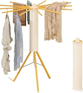Dr.DJ Tripod Drying Rack Portable, Foldable Drying Rack Clothing with 12 Wood Drying Arms, Standing Laundry Hanger Rack Round Collapsible & Portable Handle for Laundry Room, Balcony, Bedroom, RV