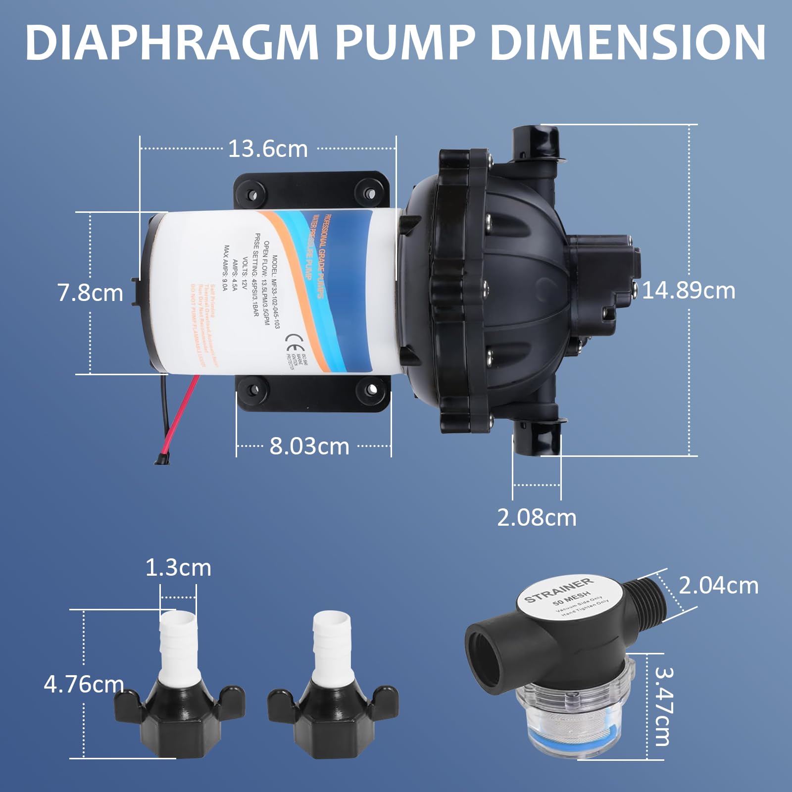 Wasserpumpe 12V DC Membranpumpe 3,1 Bar (45 PSI) Selbstansaugend Druckpumpe mit Druckschalter, 11,6 L/min 3.06 GPM Druckwasserpumpe, RV Wasserpumpe für Wohnwagen, Yacht, Camper, Garten