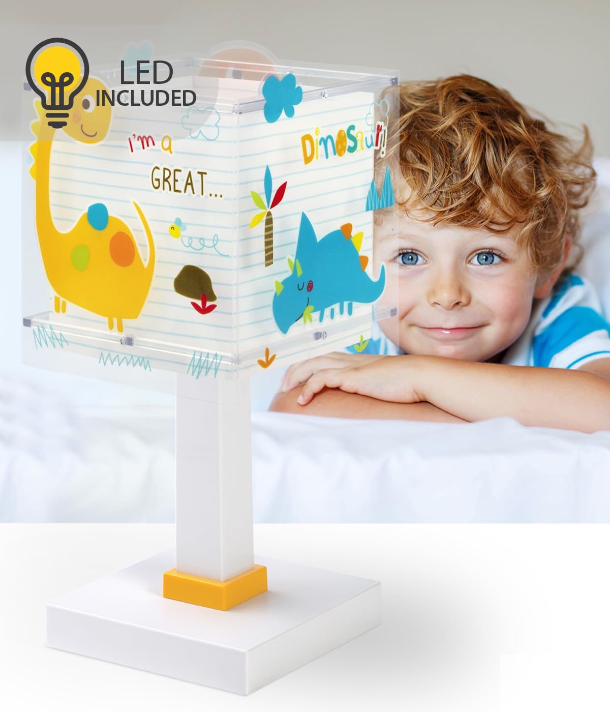 Dalber Lámpara Infantil de Mesilla Dinos Dinosaurios 73451N G4 | Lámpara infantil de mesa o mesita; G4 4W LED - Bombilla incluida; Luz Quitamiedos