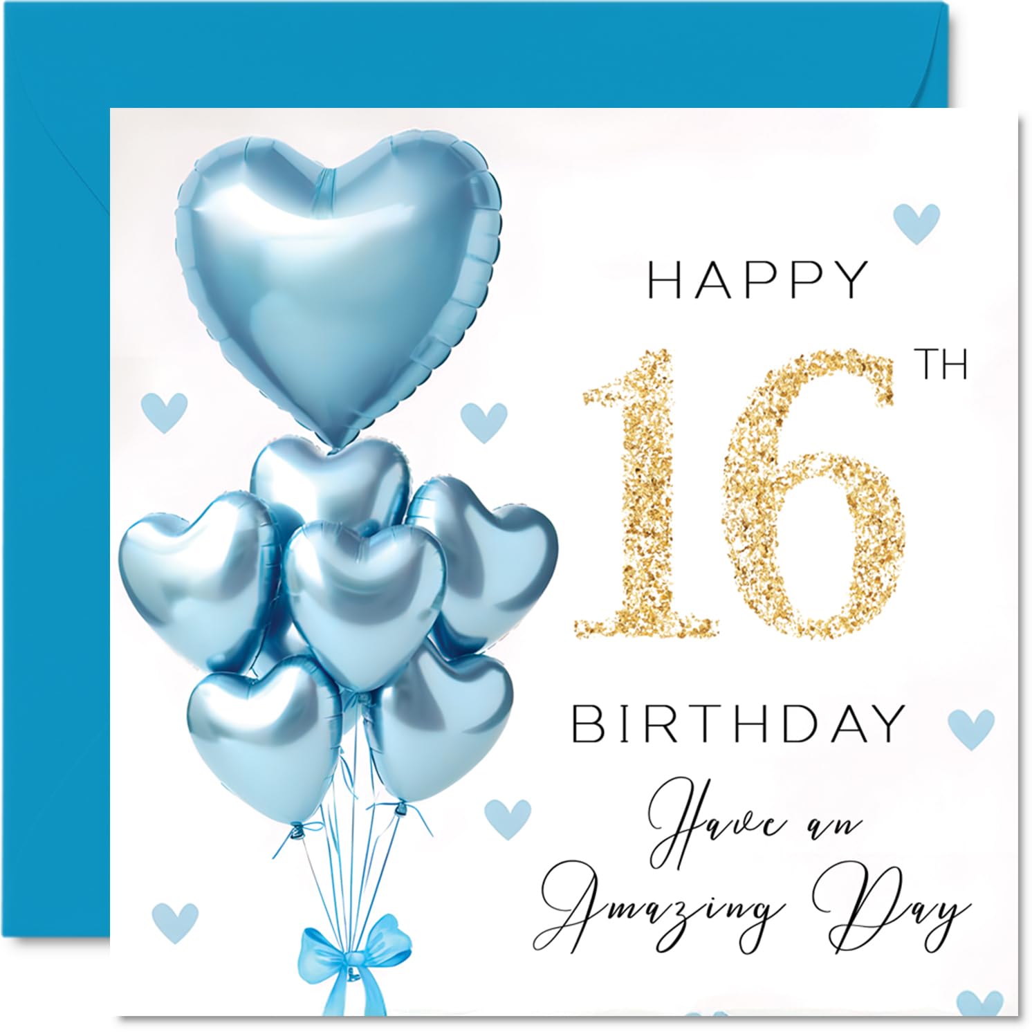 16th Birthday Cards for Boys - Blue Glitter Balloons - Happy Birthday Card for 16 Year Old Boy Great Nephew Cousin Step Son Godson, 145mm Bday Greeting Cards
