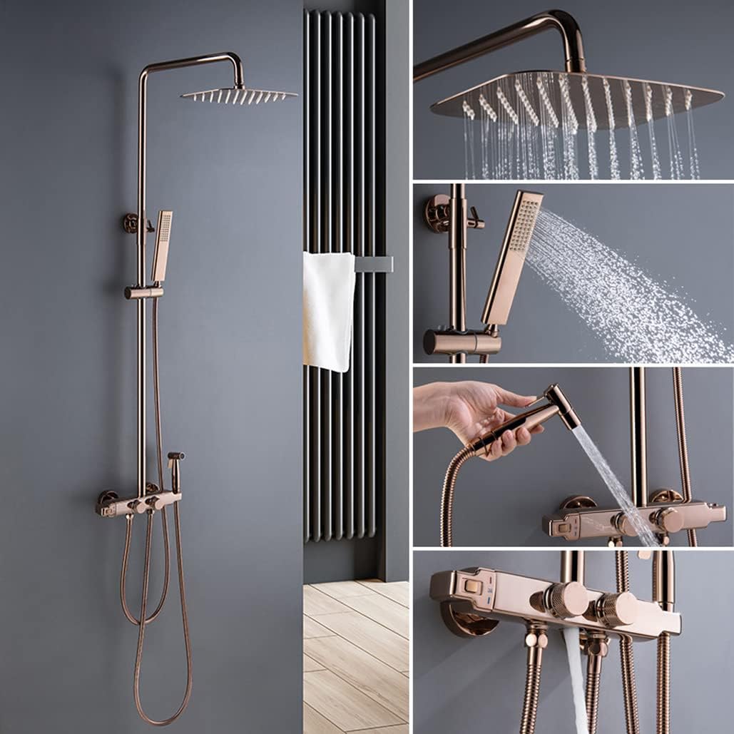 シャワーセットローズゴールドのサーモスタットウォールマウントダイバーターミキサー真鍮バスルームシャワータップ10 * 8インチの降雨 シャワー セットローズゴールドサーモスタットウォールマウントダイバーターミキサー真鍮バスルームシャワータップ10 * 8インチの降雨 ...