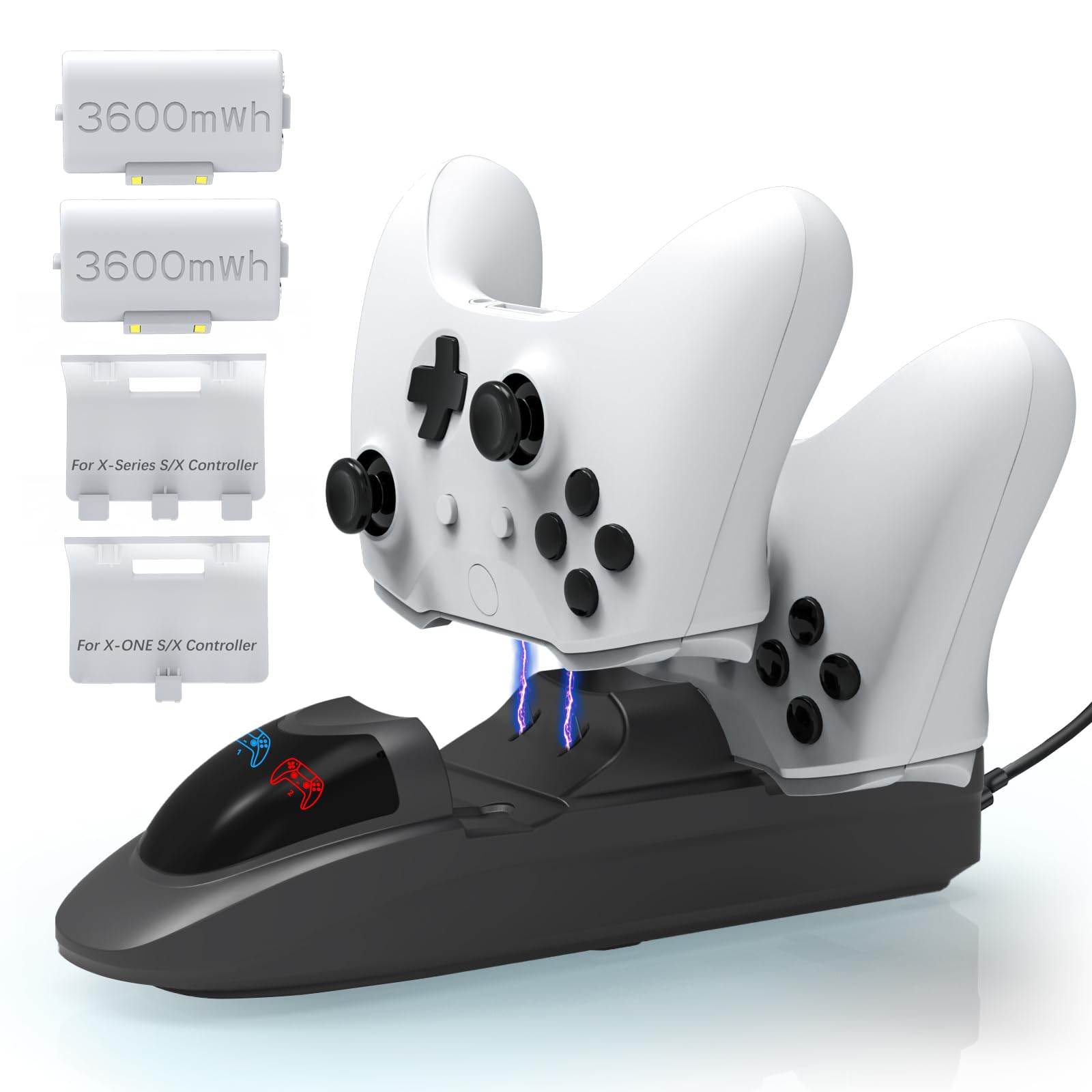 Controller Charger Station,Charger with 2 Packs 3600mWh Rechargeable Battery for Xbox One/Xbox Series X/S Controller,Dual Charging Dock with 4 Battery Covers for Xbox(White)