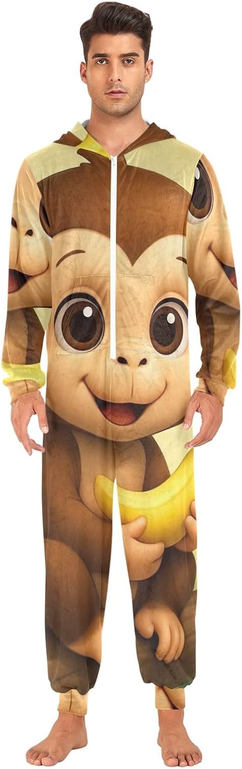 Cute Monkey Adult Onesie Pajamas, Soft Plush One Piece Sleepwear with Hood for Men Women Christmas Loungewear