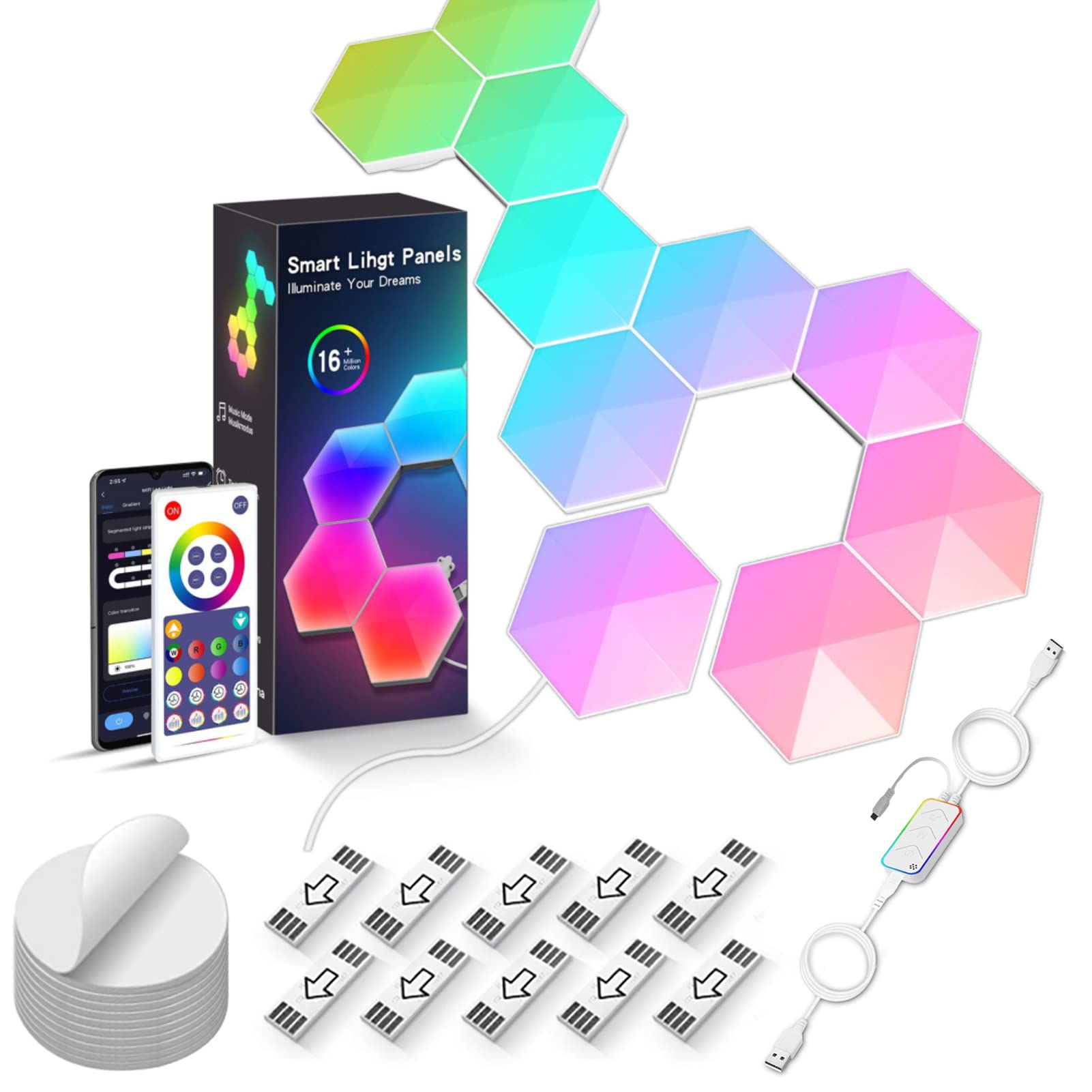 Tuya - Lampada da parete esagonale WiFi, splicing fai da te a induzione Rgbic Symphony Light Board, App+telecomando, modalità multiple supporta Google Alxe - Confezione da 10