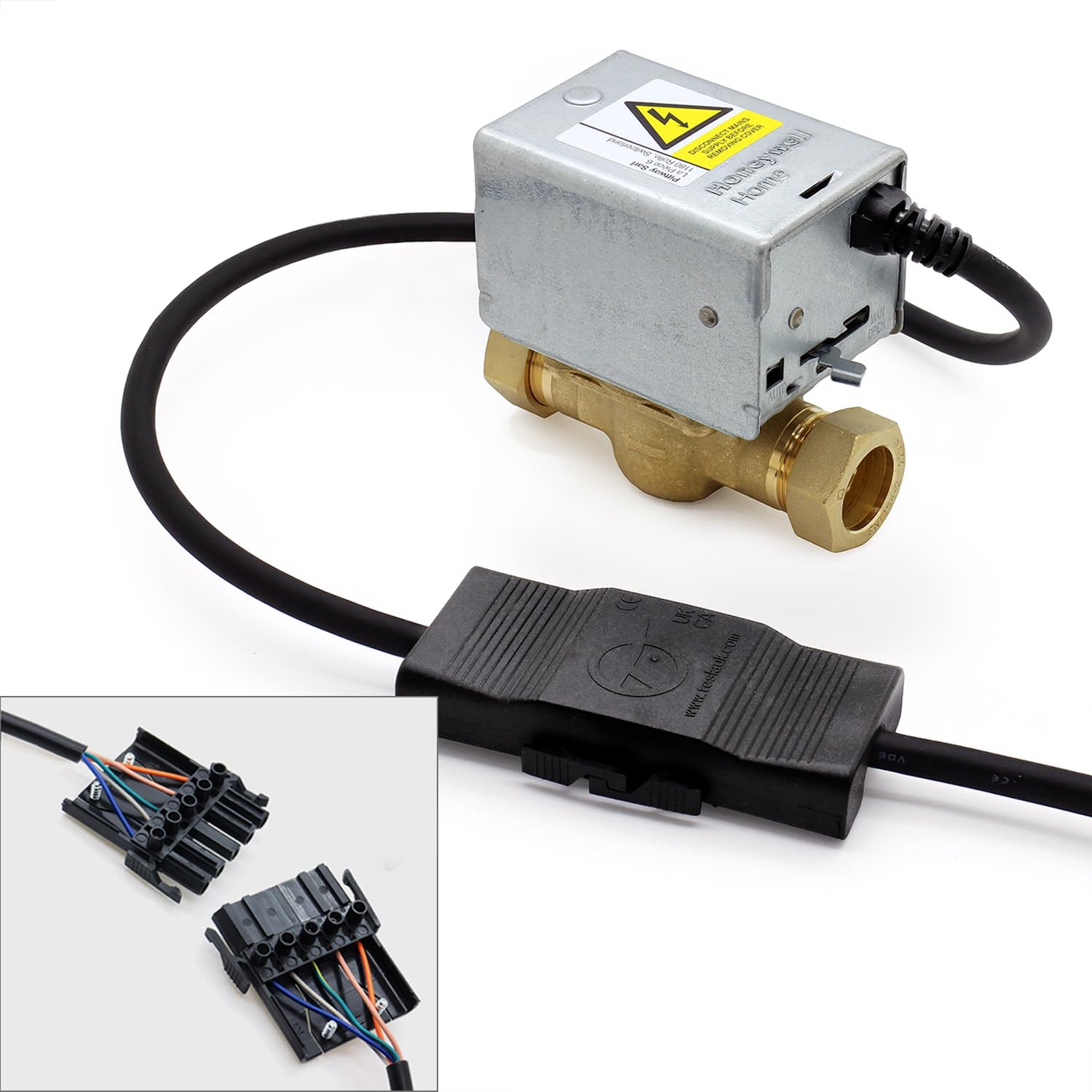 Honeywell 22mm Motorised Zone Valve, Tesla 5-Way Wiring Connector Bundle (Zone Valve + Wiring Connector)