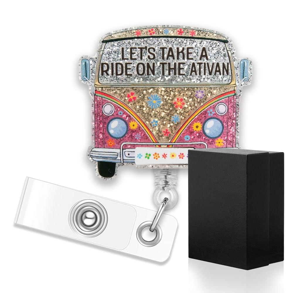 ERHACHAIJIA Let's Take A Ride On The Ativan Retractable Silver Glitter Badge Reel with Clip, Funny Pink Bus ID Card Badge Holder Gift for Nurse Doctor