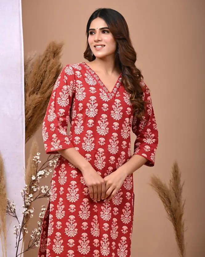 Image of FIRSTRAIN Women Cotton Straight Printed Kurti | Soft Breathable Kurta for Office & Casual Use | | Trendy Festive & Regular Wear Cotton Kurti