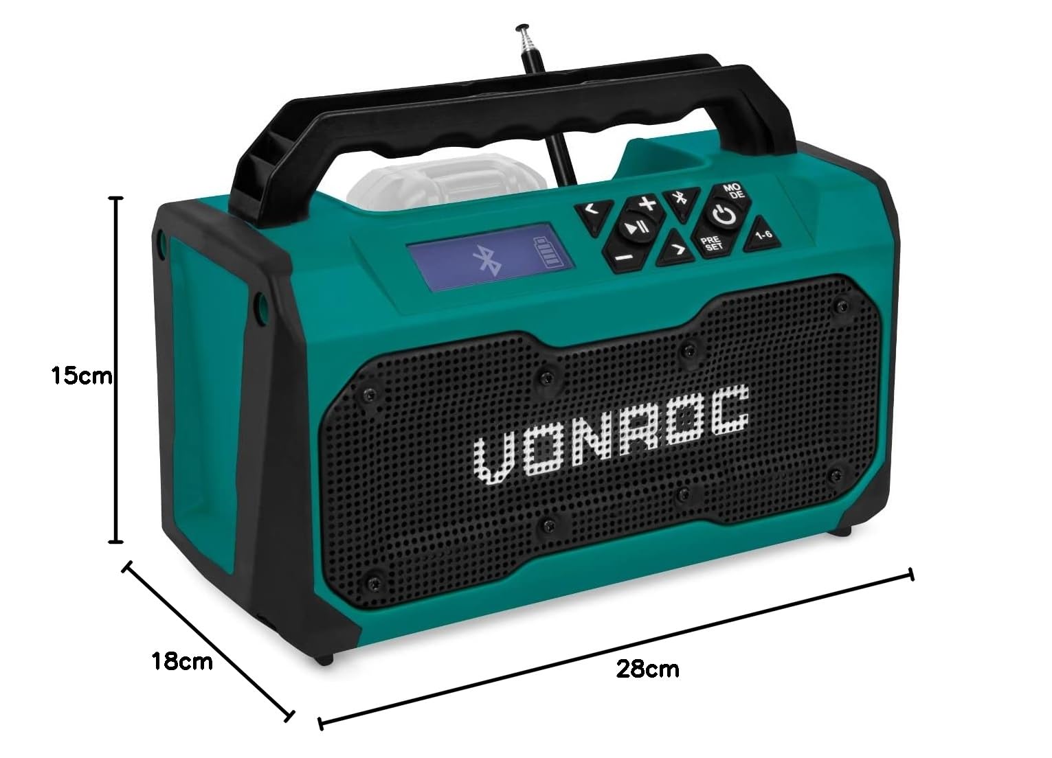 VONROC Radio de Chantier sans Fil 20V - Bluetooth, FM, USB, Haut Parleur, Enceinte - Port Bass-Reflex - Gamme de Fréquences Radio : 87,5 à 108MHz - Batterie & Chargeur Non Inclus