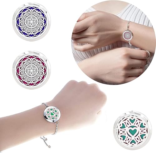 Miniatura 5 de 2 pulseras difusoras de aceites esenciales, medallón difusor de aromaterapia de diamante, pulsera ajustable con 20 almohadillas de repuesto