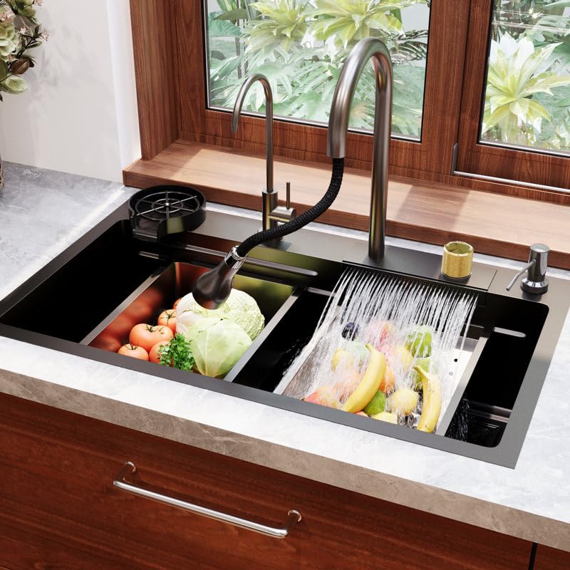 Image of TrueSink 24x18 Multifunction Sink | Waterfall and 3 Type Water Outlet Pull Out Faucet Waterfall Kitchen Sink | Anti Scratch Honey Comb Design Smart Sink with Automatic Cup Washer