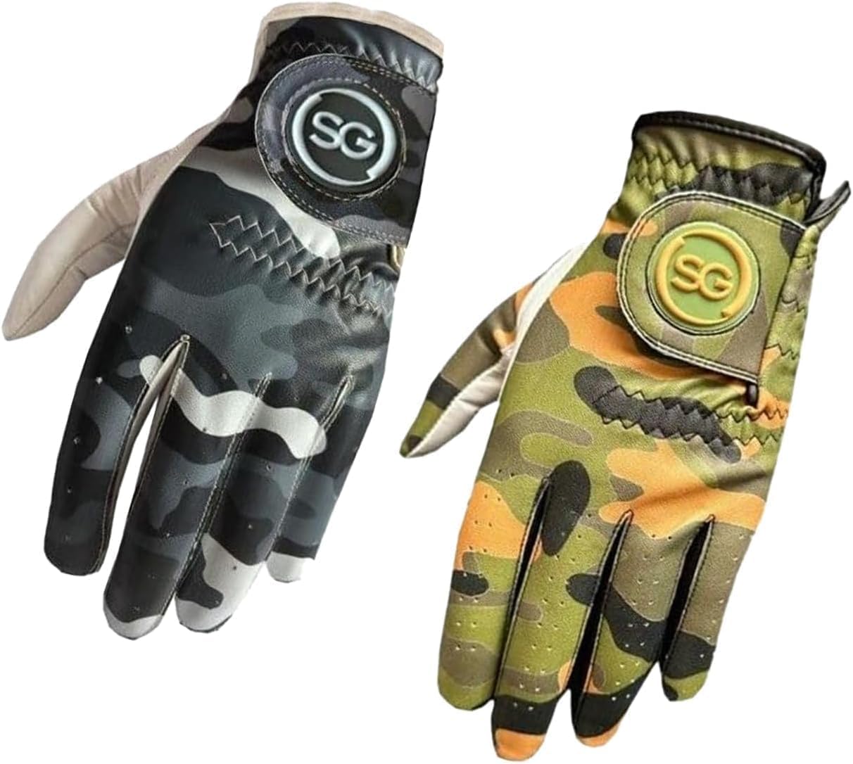 SAGE GEAR SG Men Twin Pack Camo Pattern golf gloves White Cabretta leather palm, for all weather conditions - for Right handed golfer, Green & Grey Color (M-L)