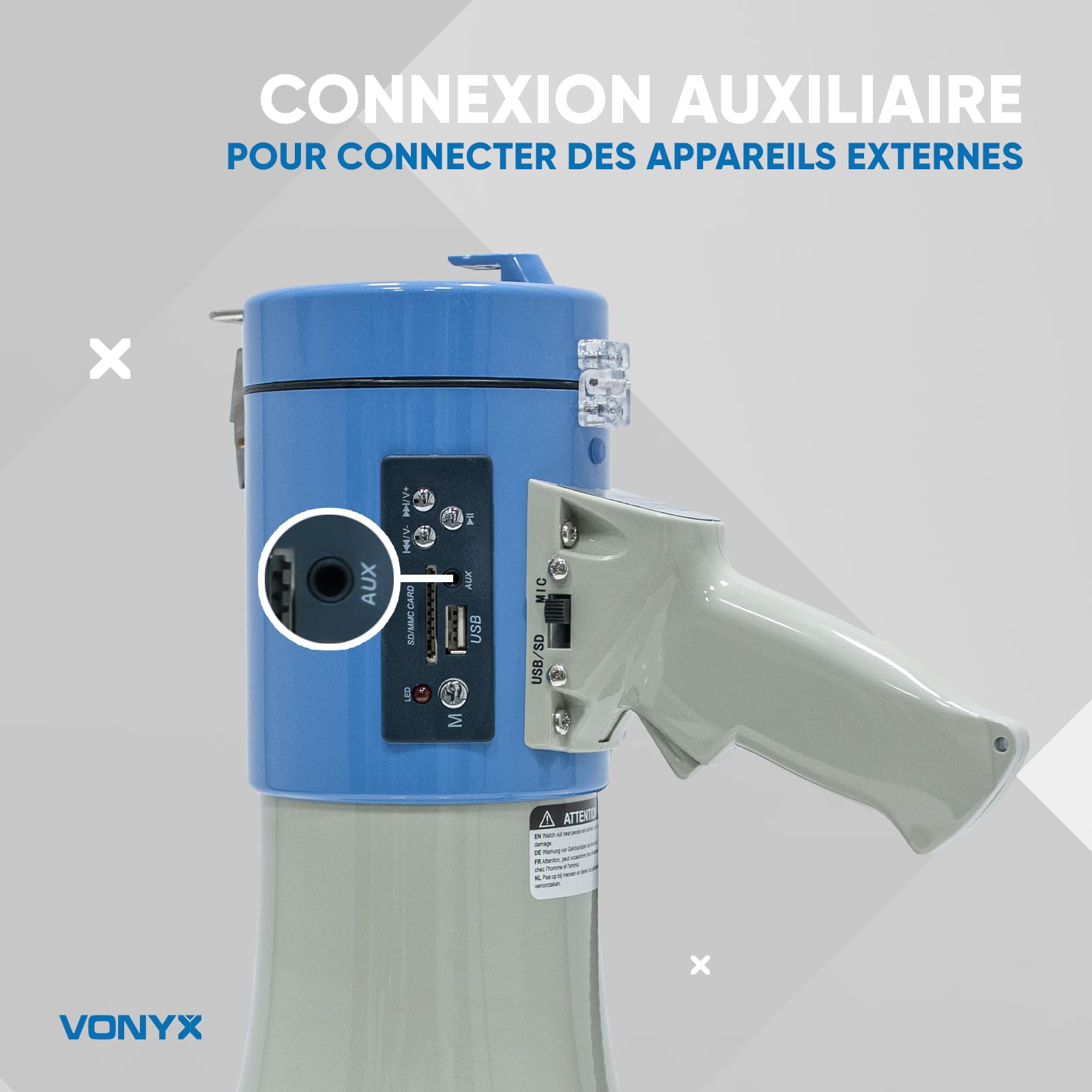 VONYX MEG060 Kit Mégaphone Professionnel 60W - Batterie Lithium-ION Rechargeable, Idéal pour Les Déplacements en Manifestations ou Matchs