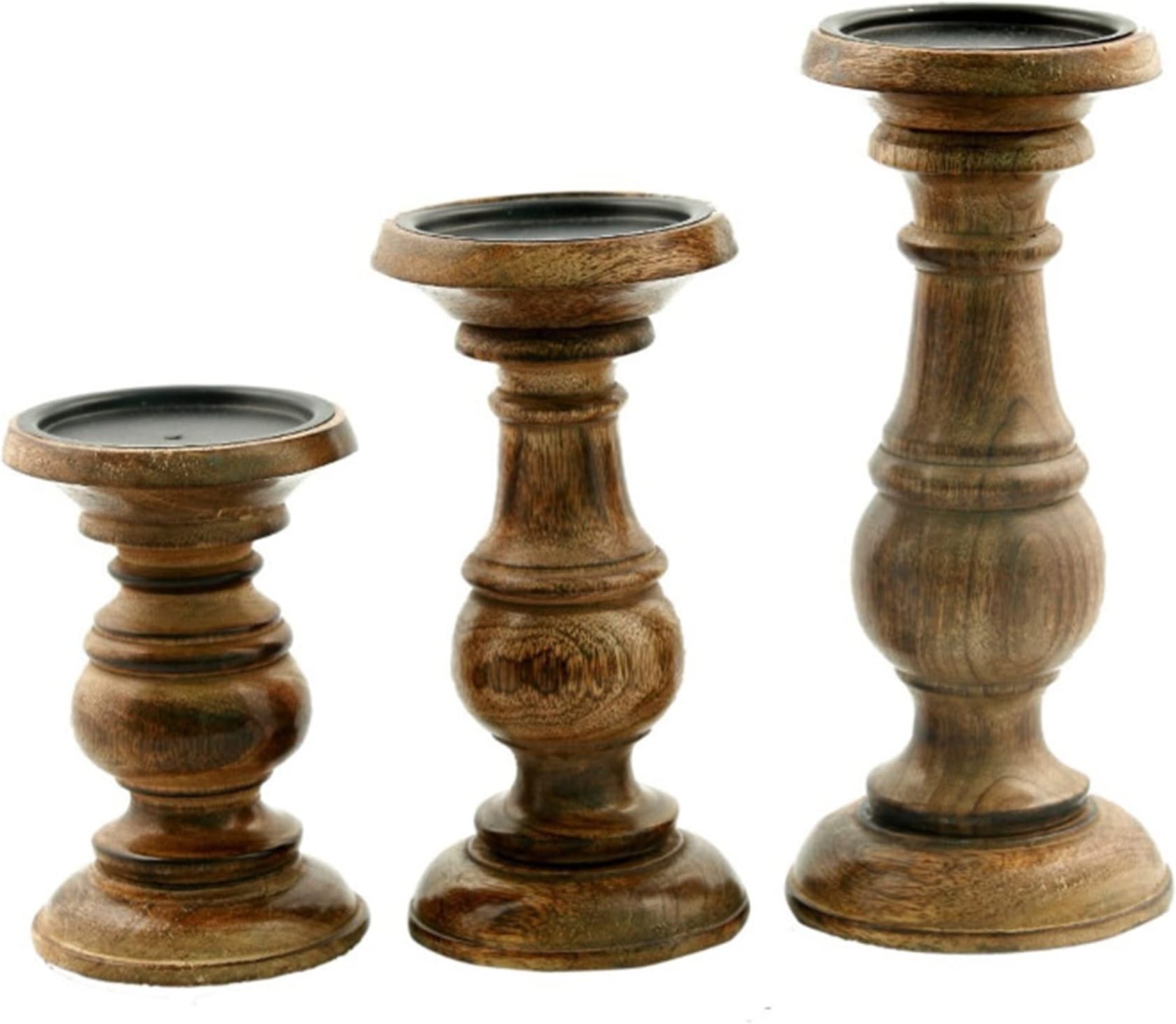 Benzara Pillar Shaped Wooden Candle Holder, Set of 3, Brown